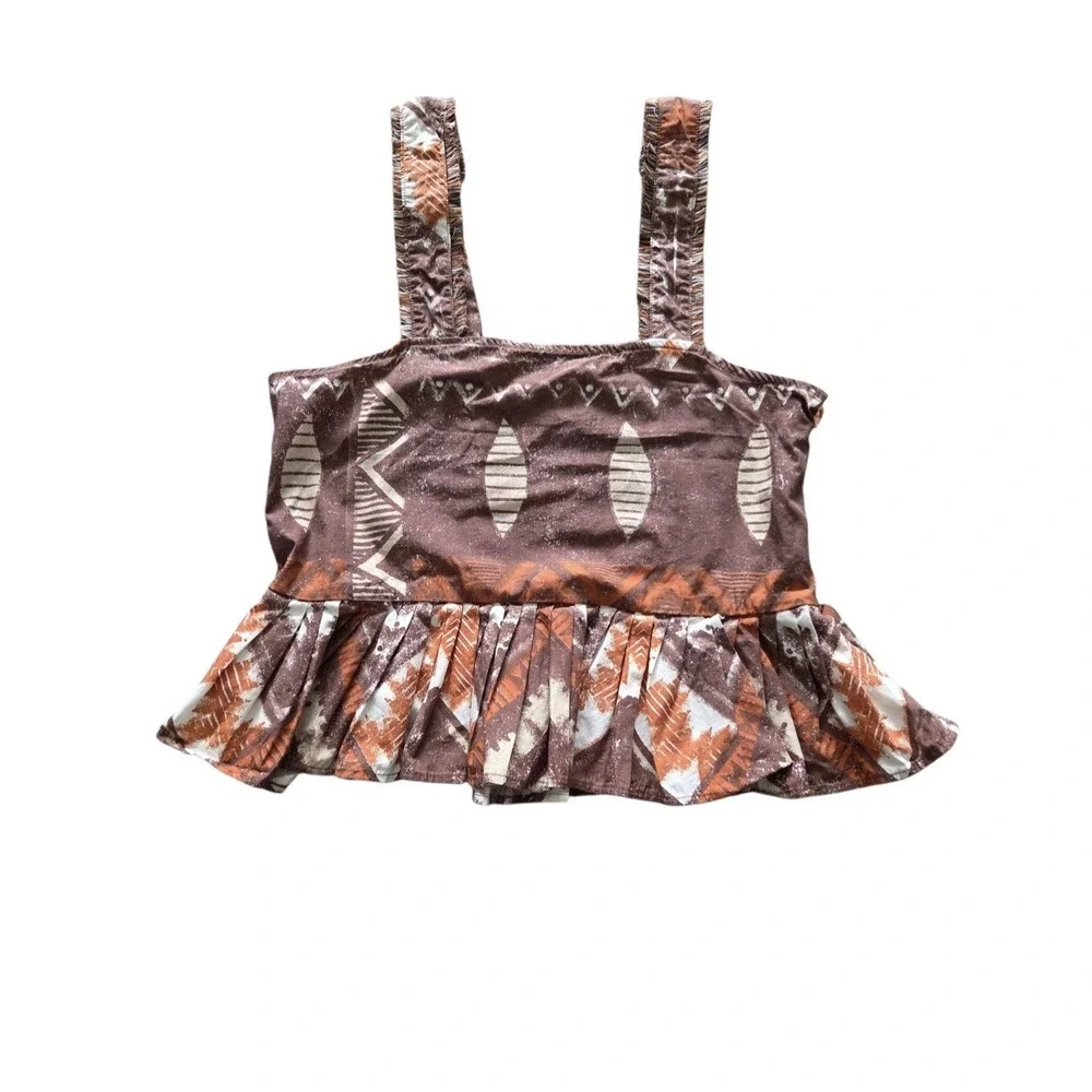 Tribal Print Ruffle Crop Top Cappuccino Brown Cotton XS‎ Boho Festival Resort